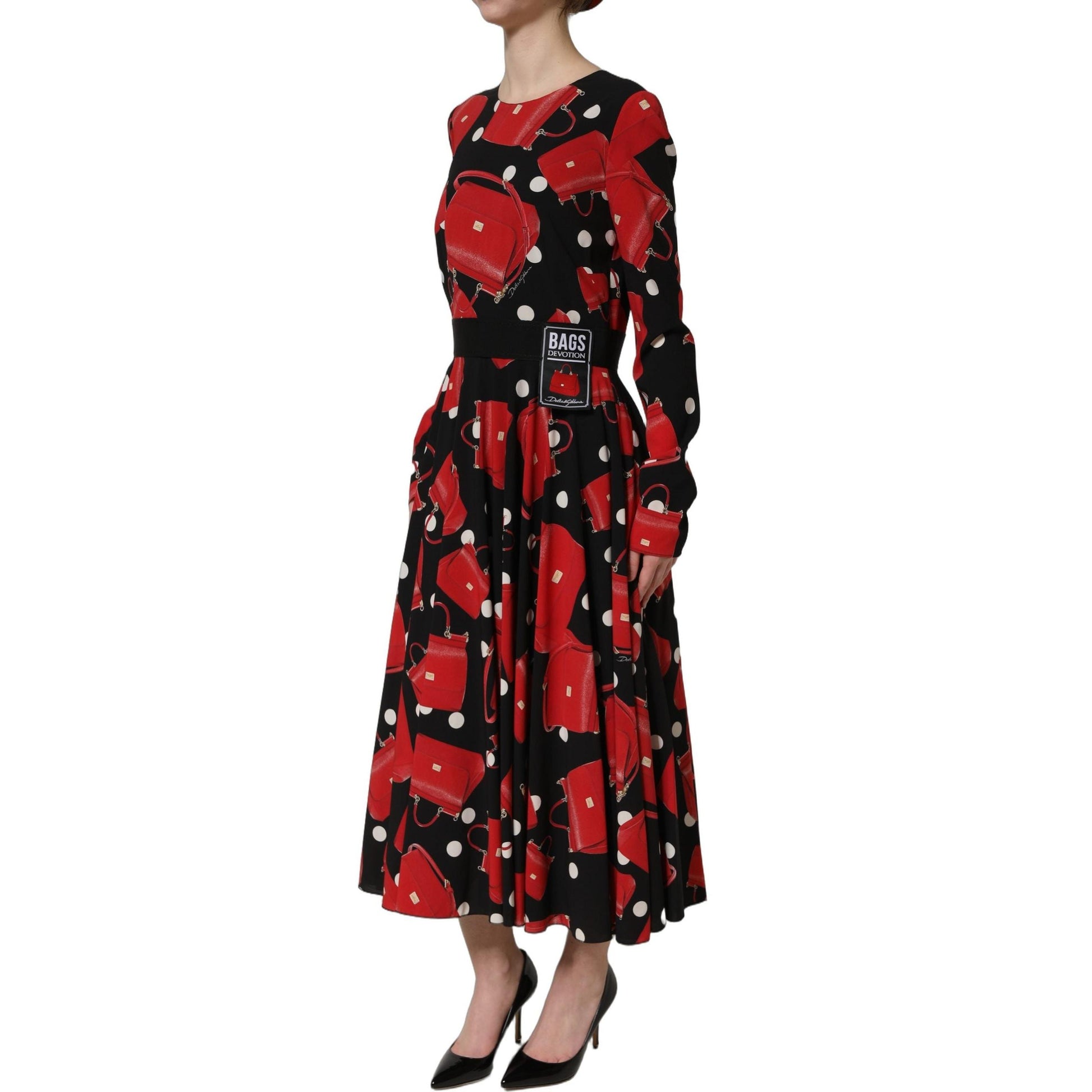 Dolce & Gabbana Black Handbag Print Long Sleeve Midi Dress