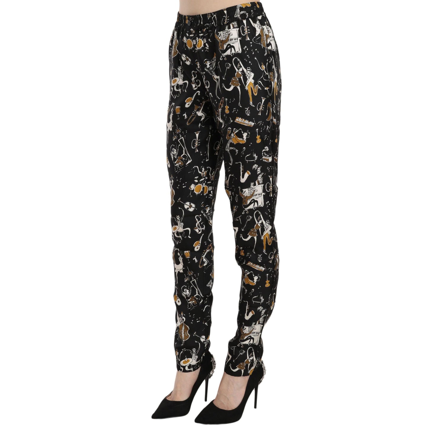 Dolce & Gabbana Black Jazz Club Print High Waist Tapered Pants