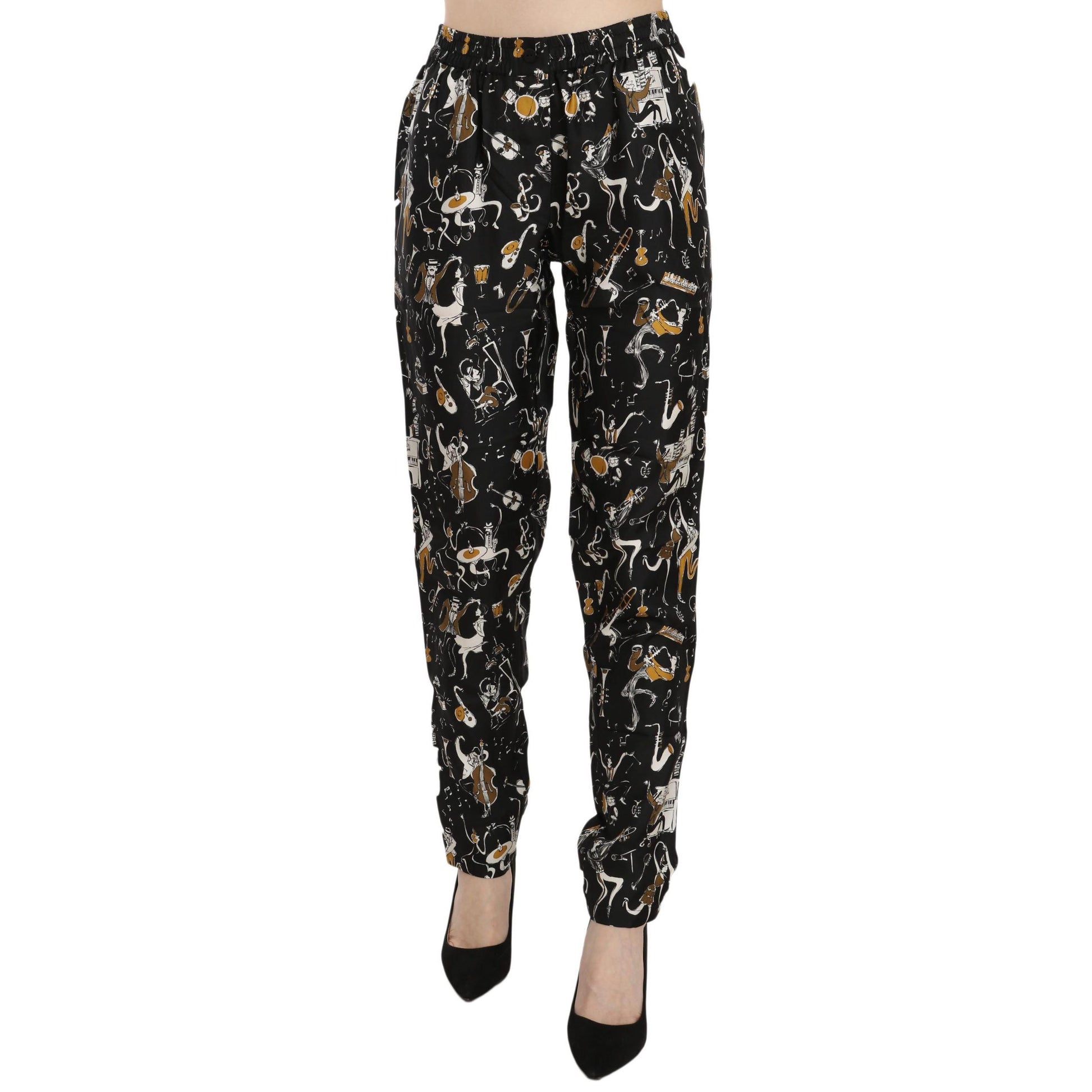 Dolce & Gabbana Black Jazz Club Print High Waist Tapered Pants