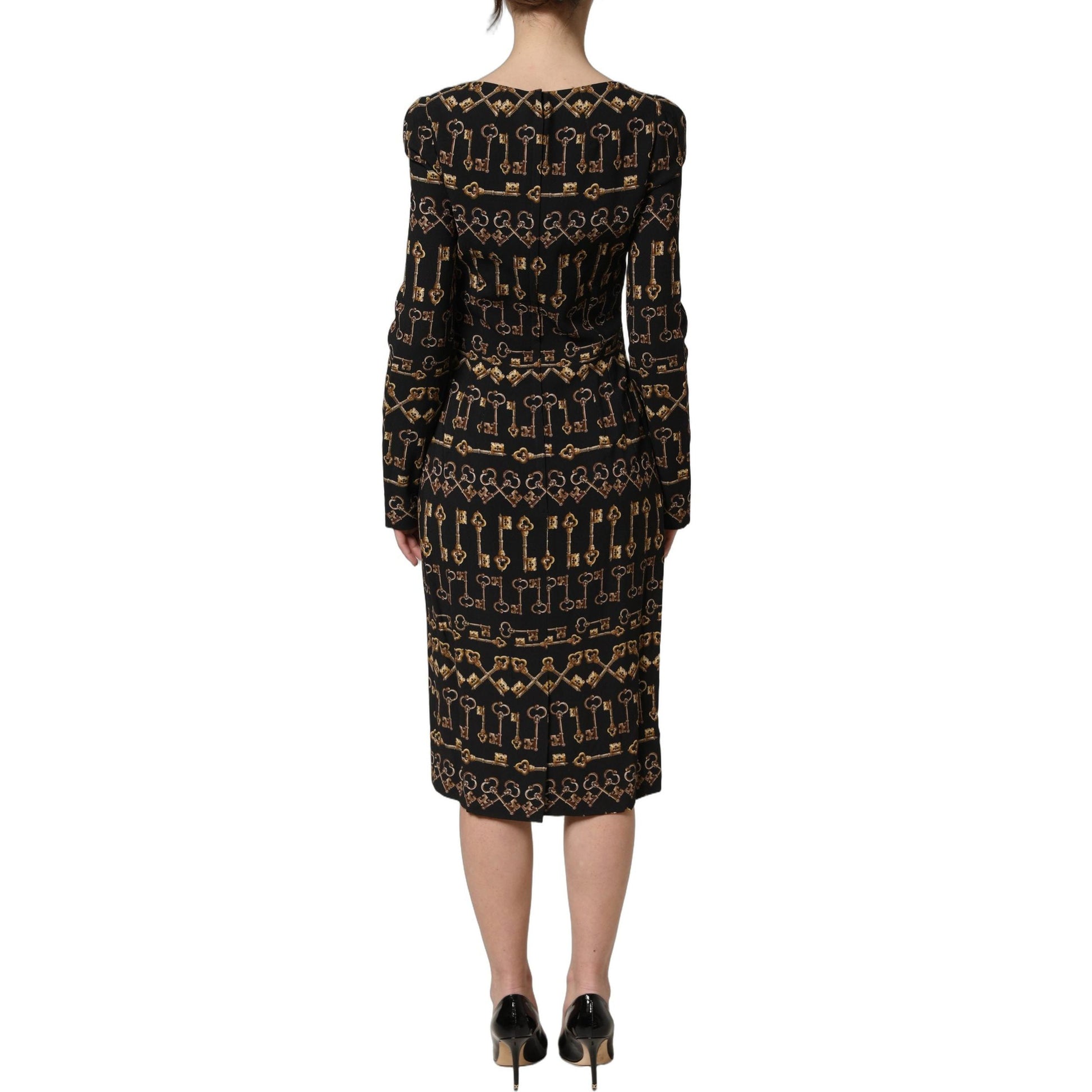 Dolce & Gabbana Black Key Print Long Sleeves Sheath Midi Dress