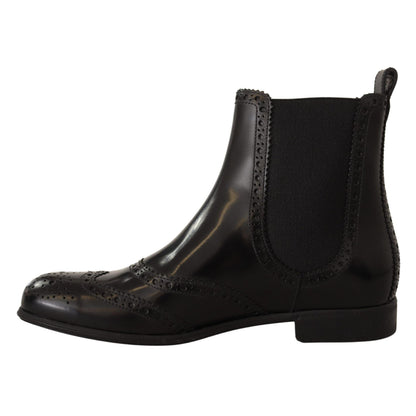 Dolce & Gabbana Black Leather Ankle High Flat Boots Shoes