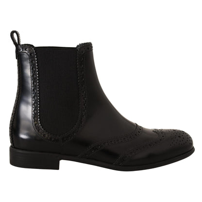 Dolce & Gabbana Black Leather Ankle High Flat Boots Shoes