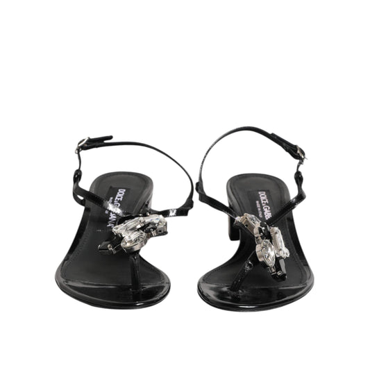 Dolce & Gabbana Black Leather Crystal Ankle Strap Sandals Shoes