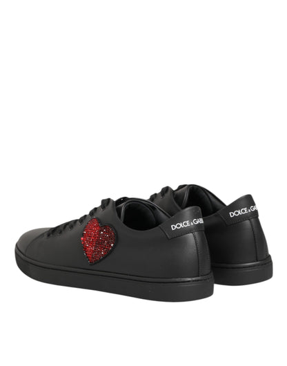 Dolce & Gabbana Black Leather Crystal Heart Sneakers Shoes