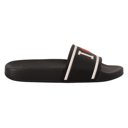 Dolce & Gabbana Black Leather I Love D&G Slides Sandals