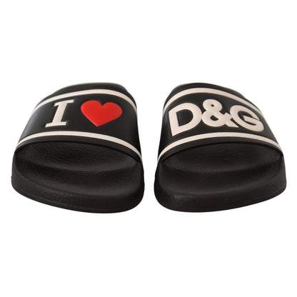 Dolce & Gabbana Black Leather I Love D&G Slides Sandals