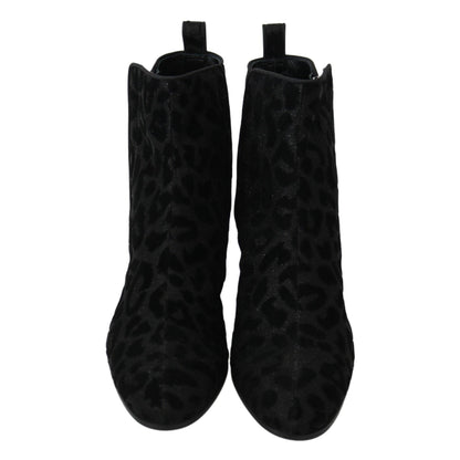 Dolce & Gabbana Black Leopard Short Boots Zipper Shoes