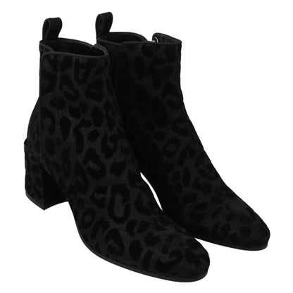 Dolce & Gabbana Black Leopard Short Boots Zipper Shoes