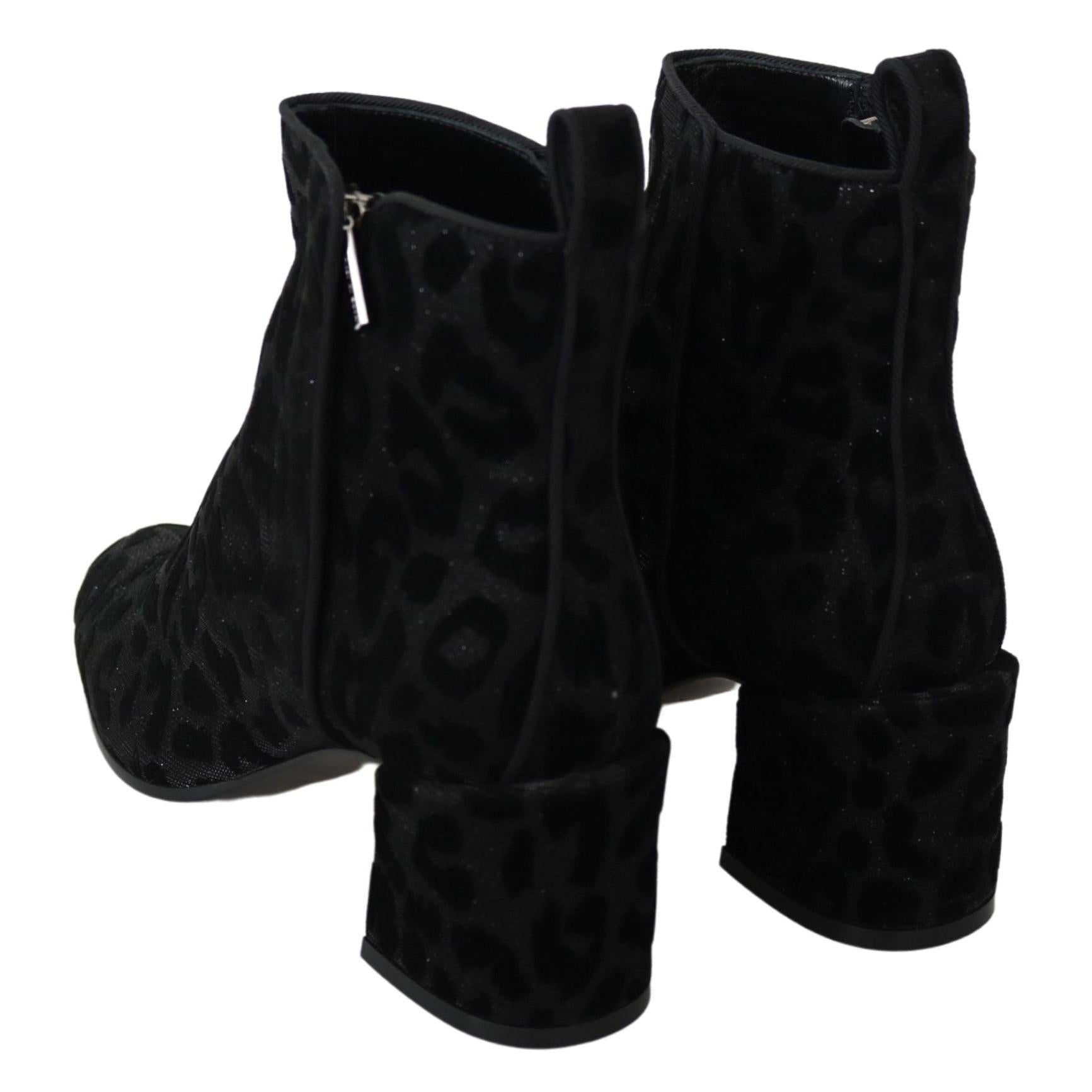 Dolce & Gabbana Black Leopard Short Boots Zipper Shoes