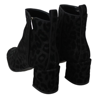 Dolce & Gabbana Black Leopard Short Boots Zipper Shoes