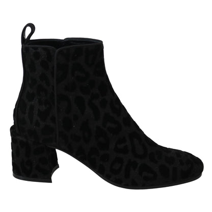 Dolce & Gabbana Black Leopard Short Boots Zipper Shoes