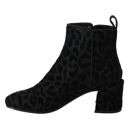 Dolce & Gabbana Black Leopard Short Boots Zipper Shoes