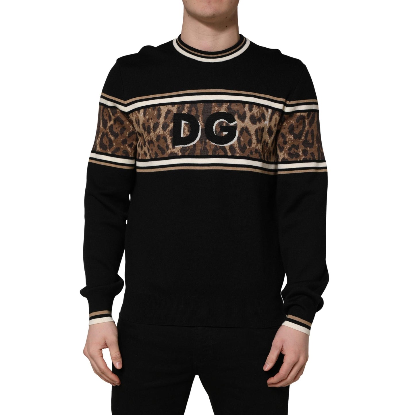 Dolce & Gabbana Black Leopard Wool Crew Neck Men Pullover Sweater