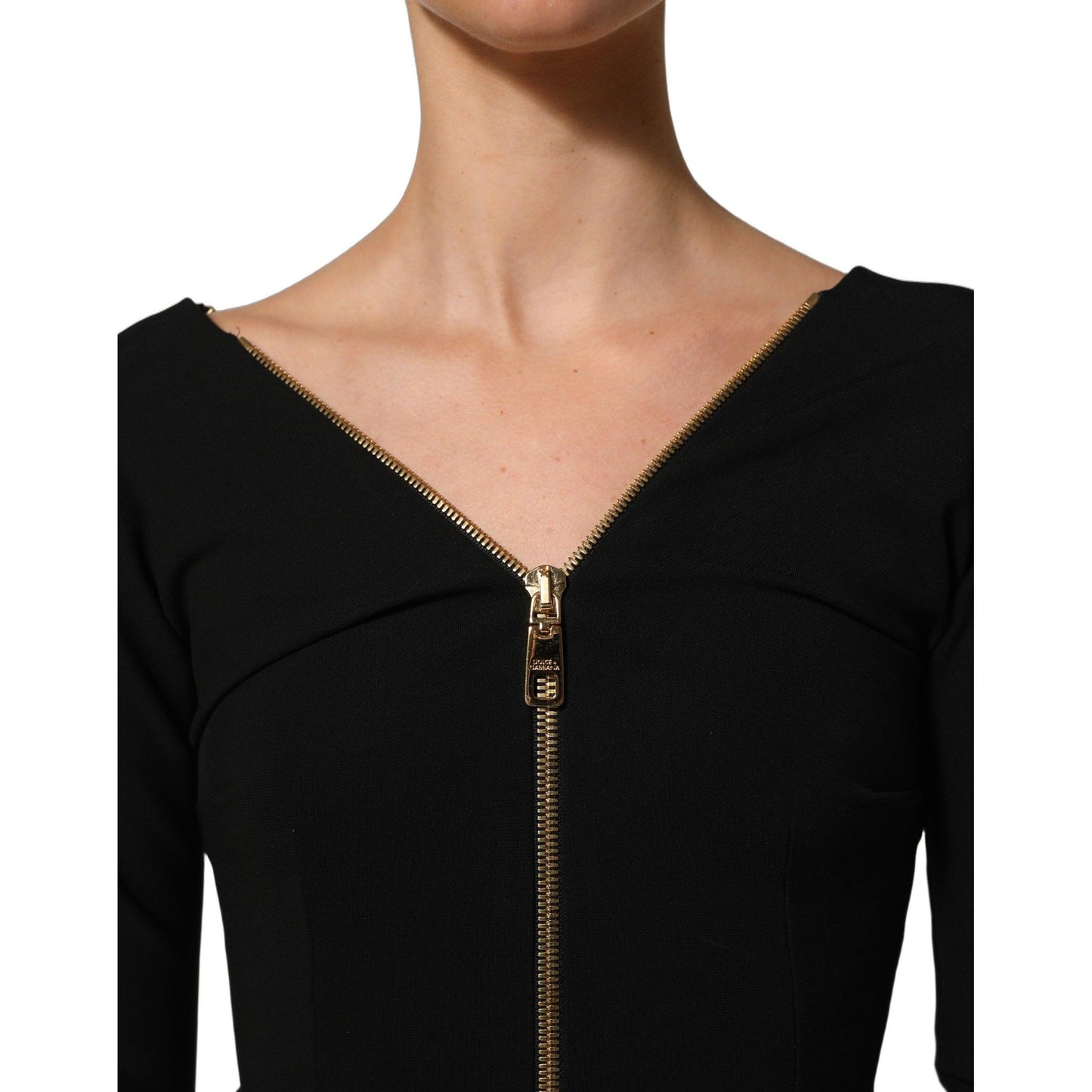 Dolce & Gabbana Black Long Sleeves Front Zipper Midi Dress