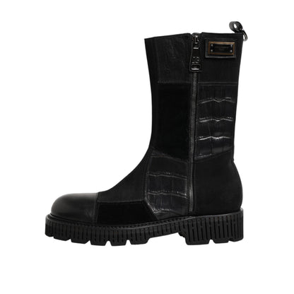 Dolce & Gabbana Black Patchwork Leather Mid Calf Boot Shoes
