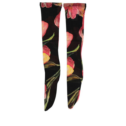 Dolce & Gabbana Black Pink Floral Tulip Nylon Stockings Socks