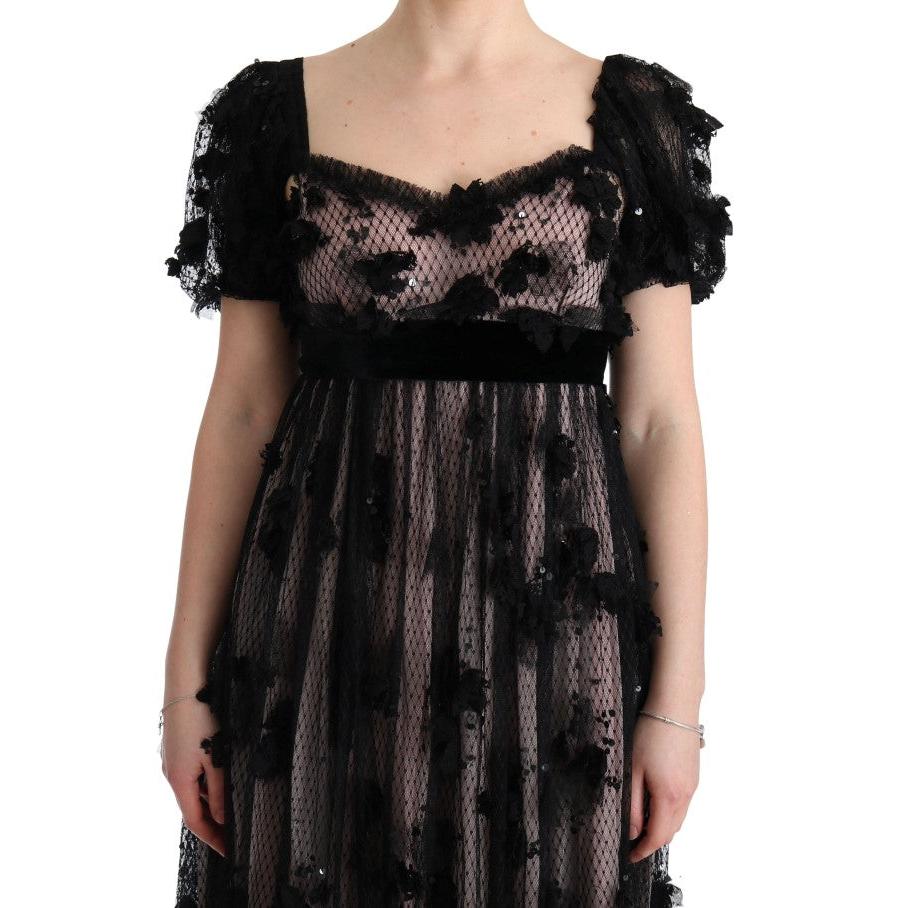 Dolce & Gabbana Black Pink Silk Applique Shift Dress