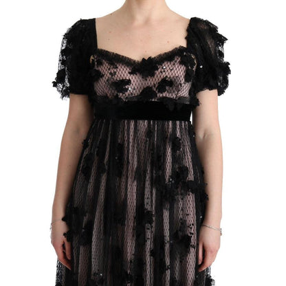 Dolce & Gabbana Black Pink Silk Applique Shift Dress