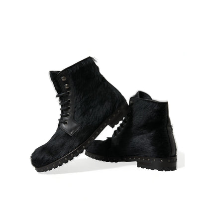 Dolce & Gabbana Black Pony Style Leather Mid Calf Boots Shoes