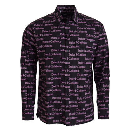 Dolce & Gabbana Black Purple Logo Slim Dress Formal Shirt