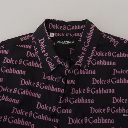 Dolce & Gabbana Black Purple Logo Slim Dress Formal Shirt
