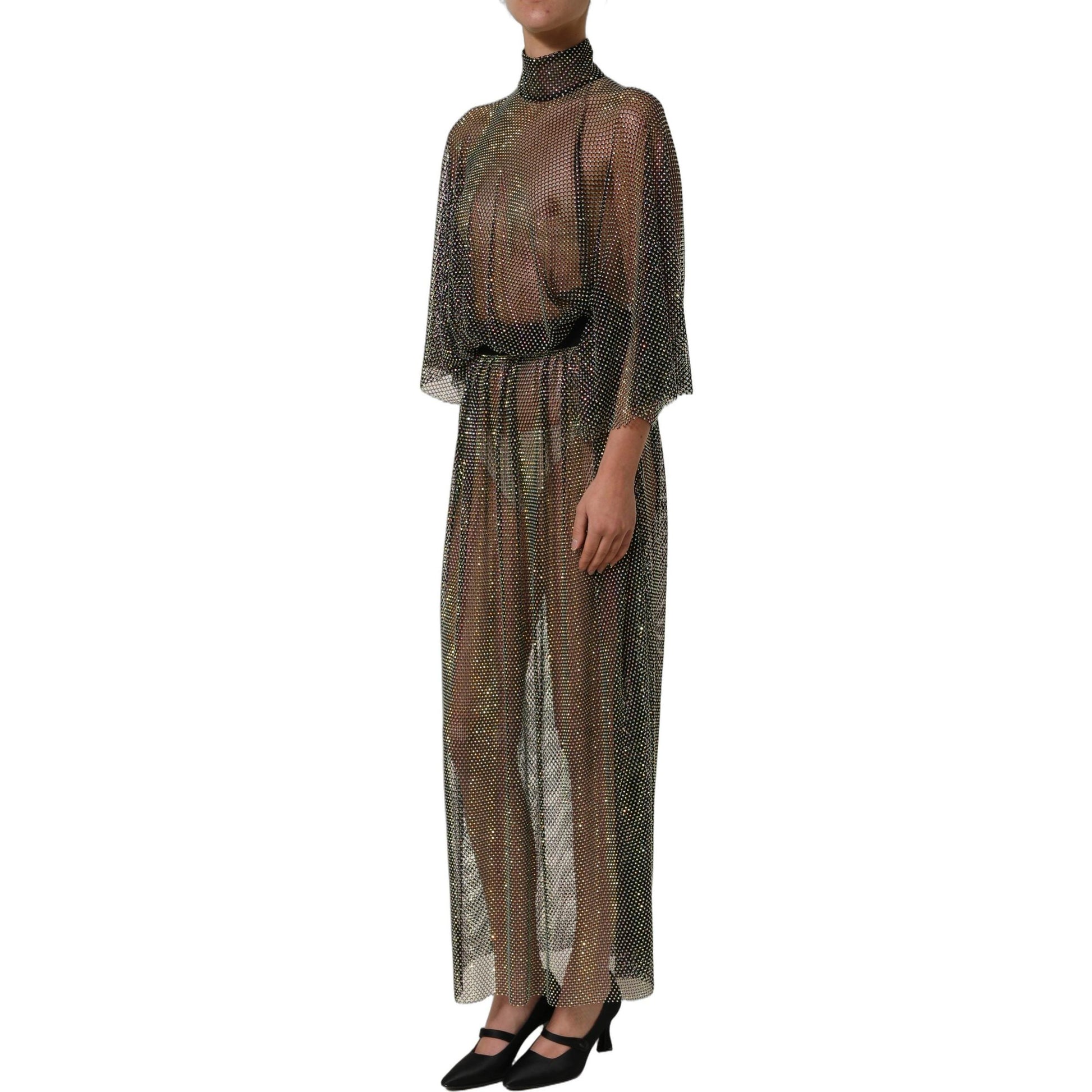Dolce & Gabbana Black Rhinestone Mesh Turtleneck Maxi Dress