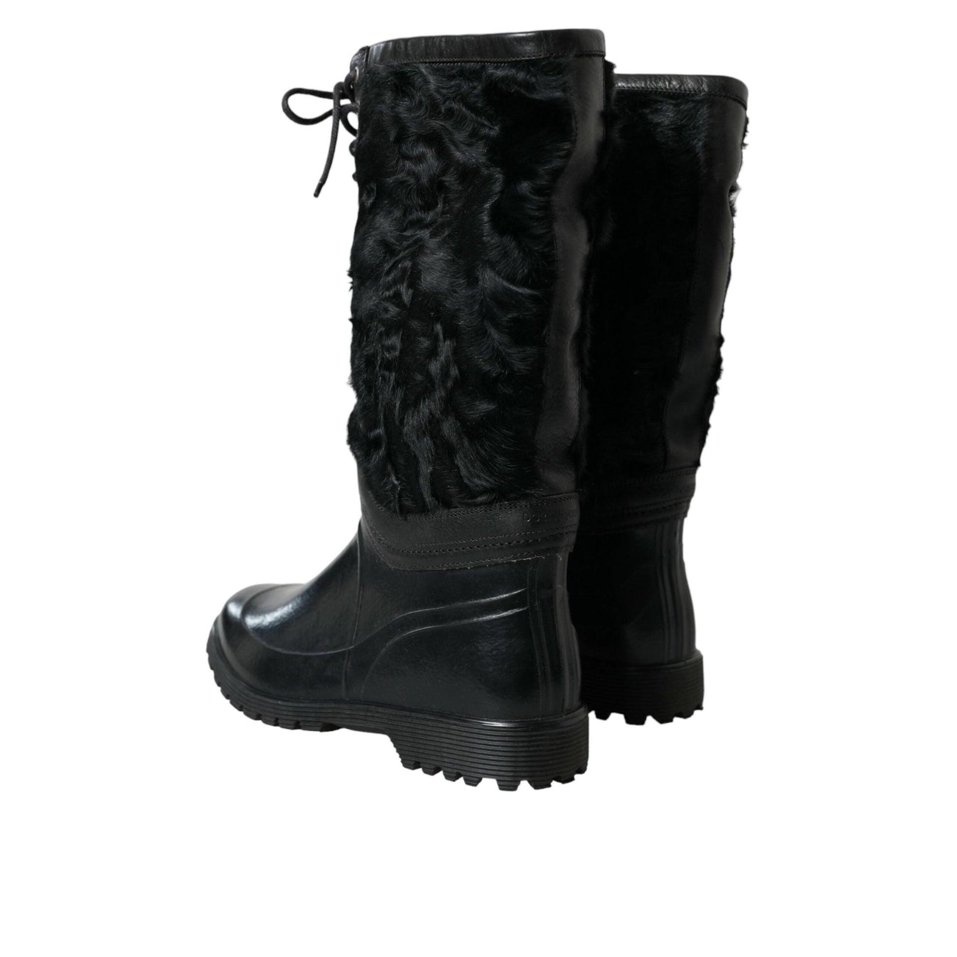 Dolce & Gabbana Black Rubber Lace Up Shearling Rain Boots Shoes