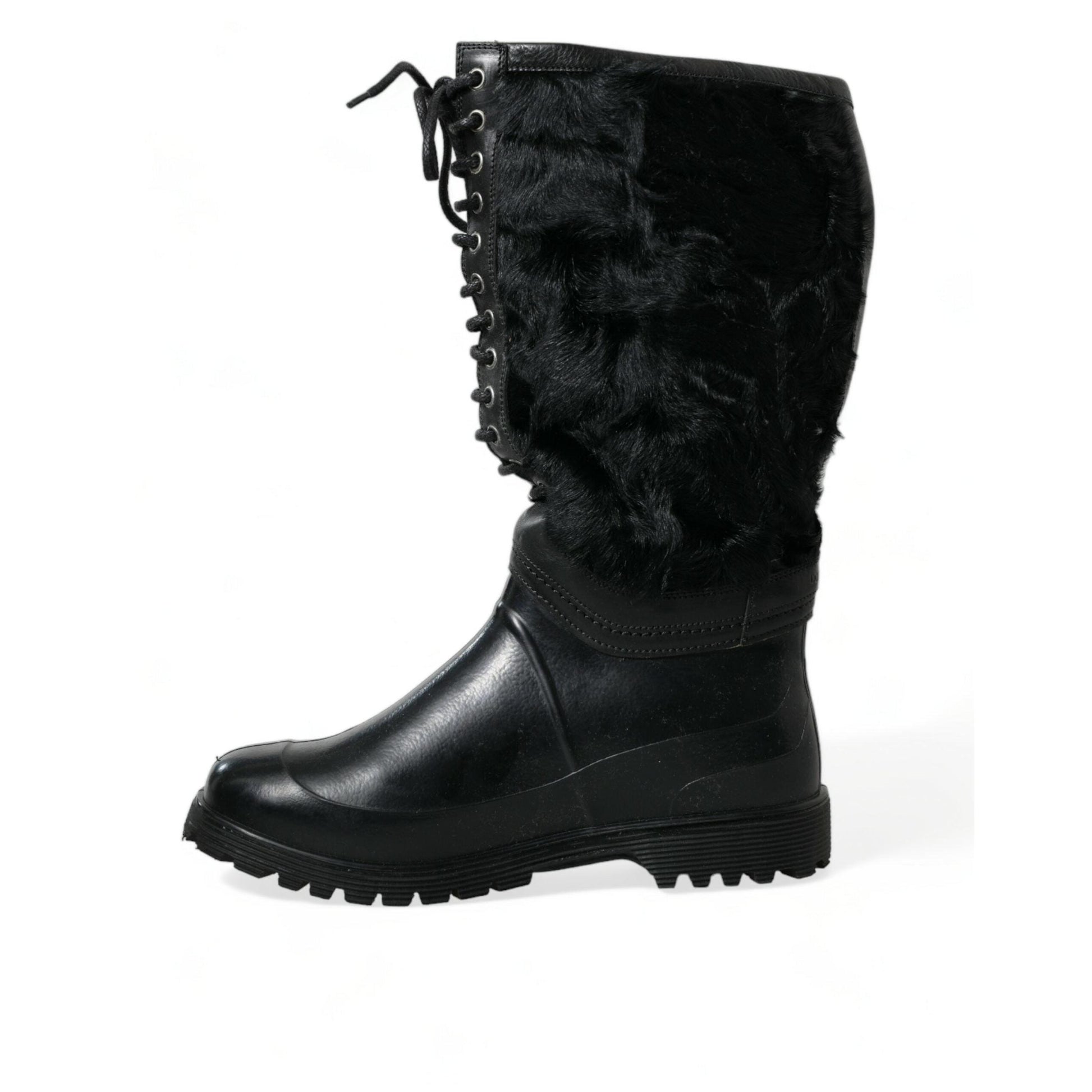Dolce & Gabbana Black Rubber Lace Up Shearling Rain Boots Shoes