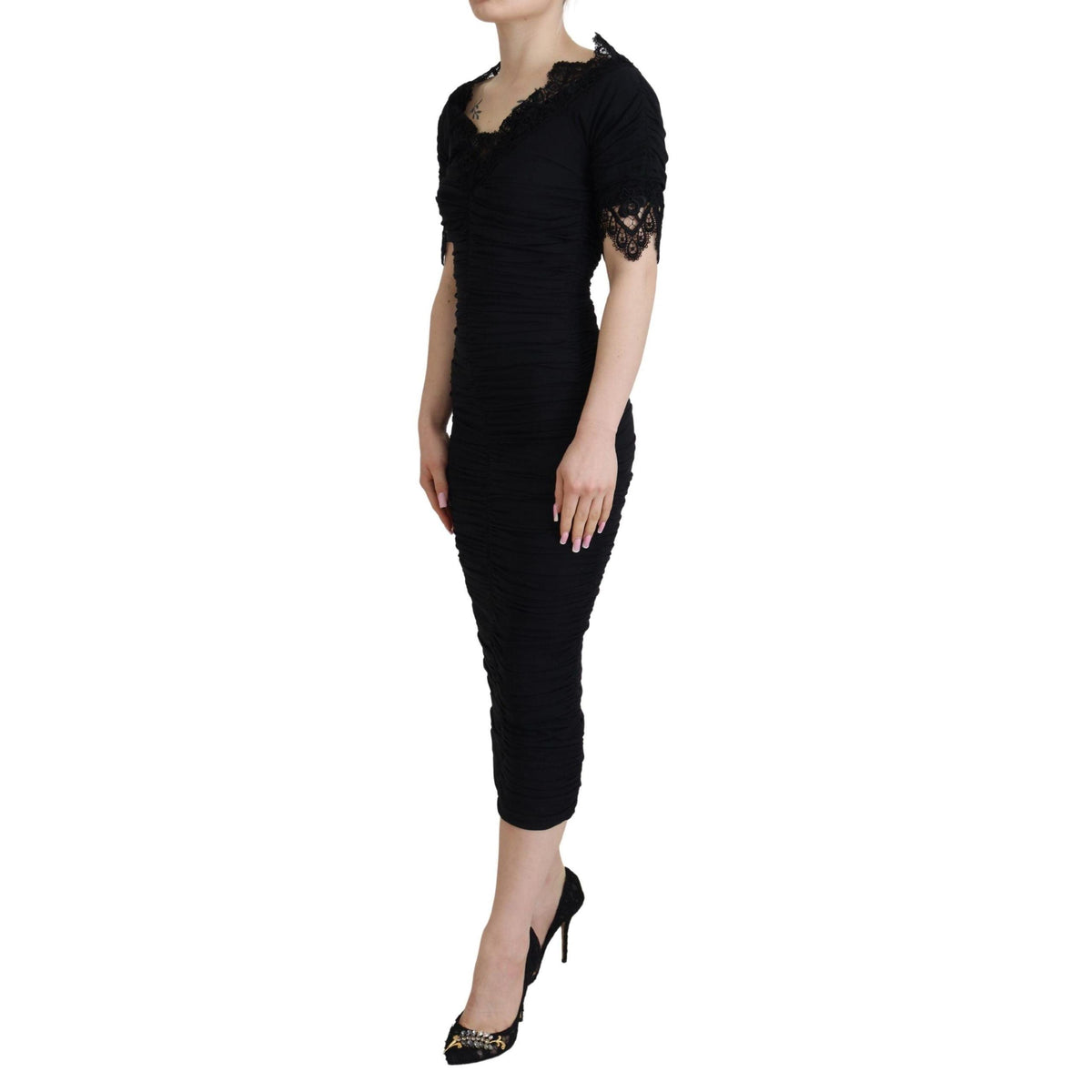 Dolce & Gabbana Black Sheath Midi Bodycon Lace Silk Dress