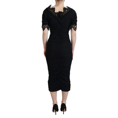 Dolce & Gabbana Black Sheath Midi Bodycon Lace Silk Dress