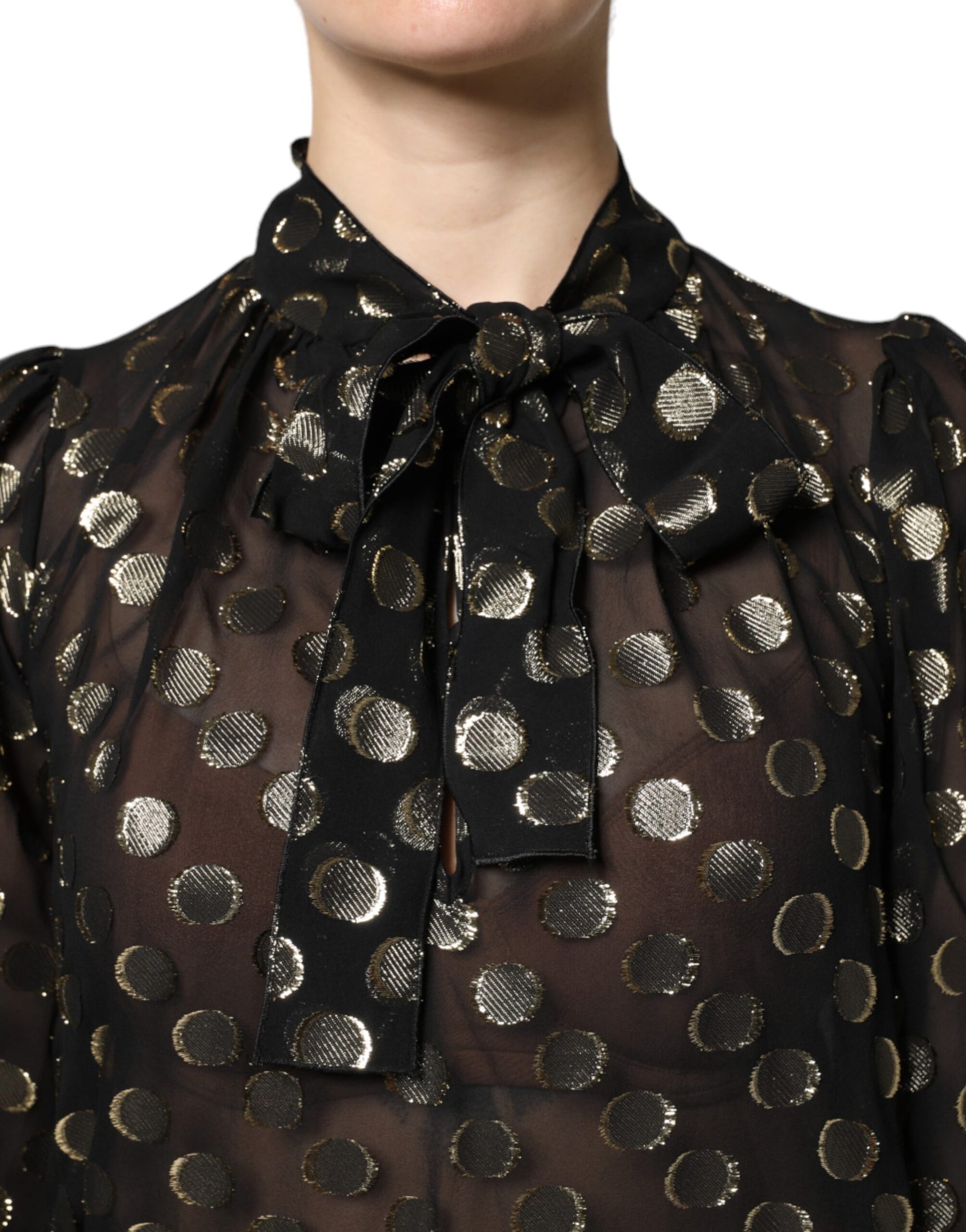Dolce & Gabbana Black Sheer Tied Neck Polka Dots Blouse Top