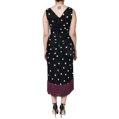 Dolce & Gabbana Black Silk Polka Dot Vneck Tassel Midi Dress