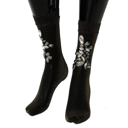 Dolce & Gabbana Black Stretch Floral Clear Crystal Socks