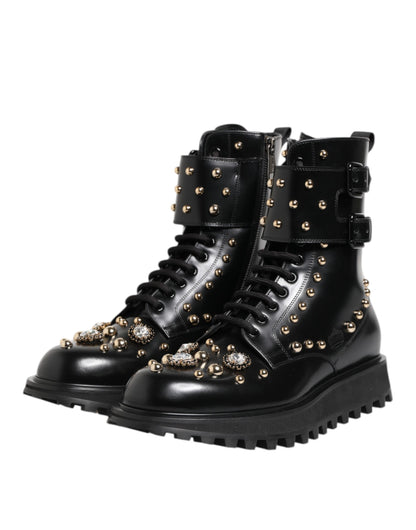 Dolce & Gabbana Black Studded Lace Up Mid Calf Boots Shoes