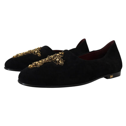 Dolce & Gabbana Black Suede Gold Cross Slip On Loafers Shoes