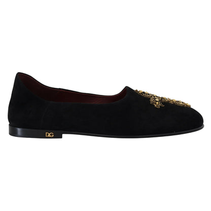 Dolce & Gabbana Black Suede Gold Cross Slip On Loafers Shoes
