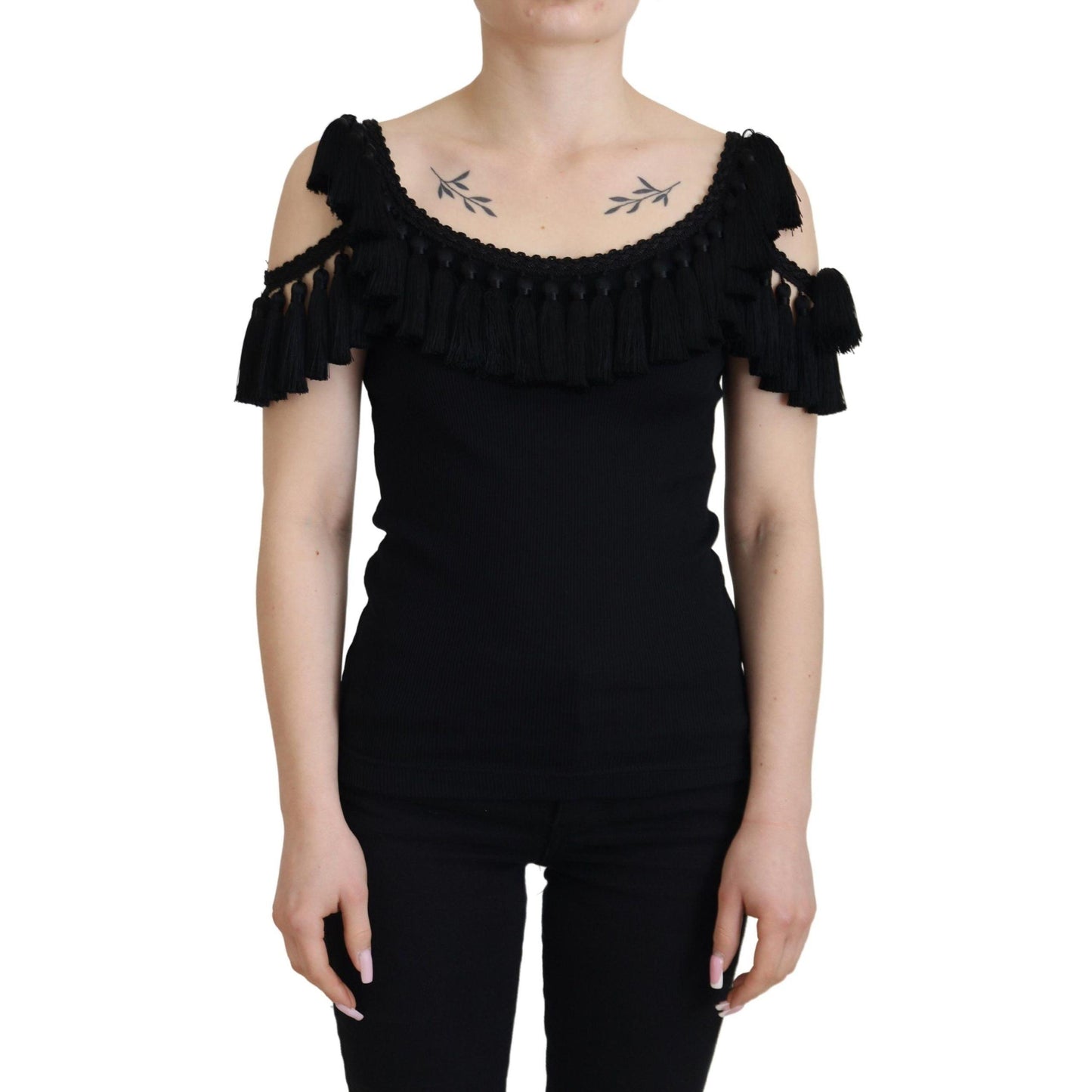 Dolce & Gabbana Black Tank Top Blouse Tassle Cotton Blouse