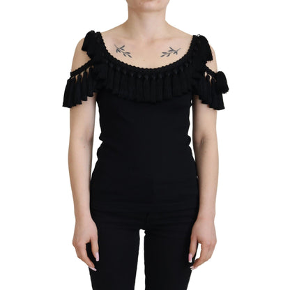 Dolce & Gabbana Black Tank Top Blouse Tassle Cotton Blouse