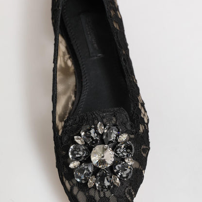 Dolce & Gabbana Black Taormina Lace Crystals Flats Shoes