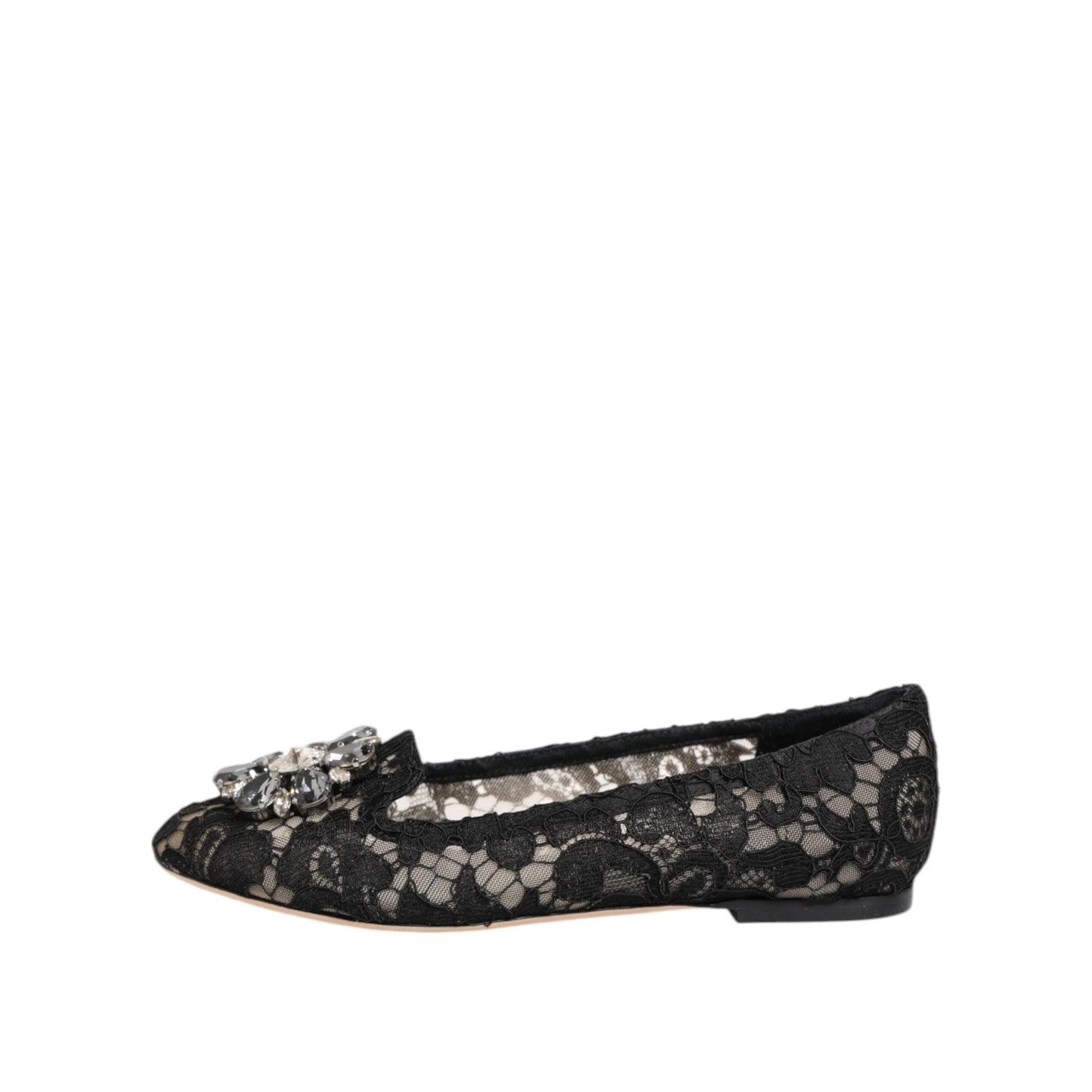 Dolce & Gabbana Black Taormina Lace Crystals Flats Shoes