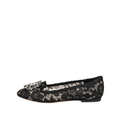 Dolce & Gabbana Black Taormina Lace Crystals Flats Shoes