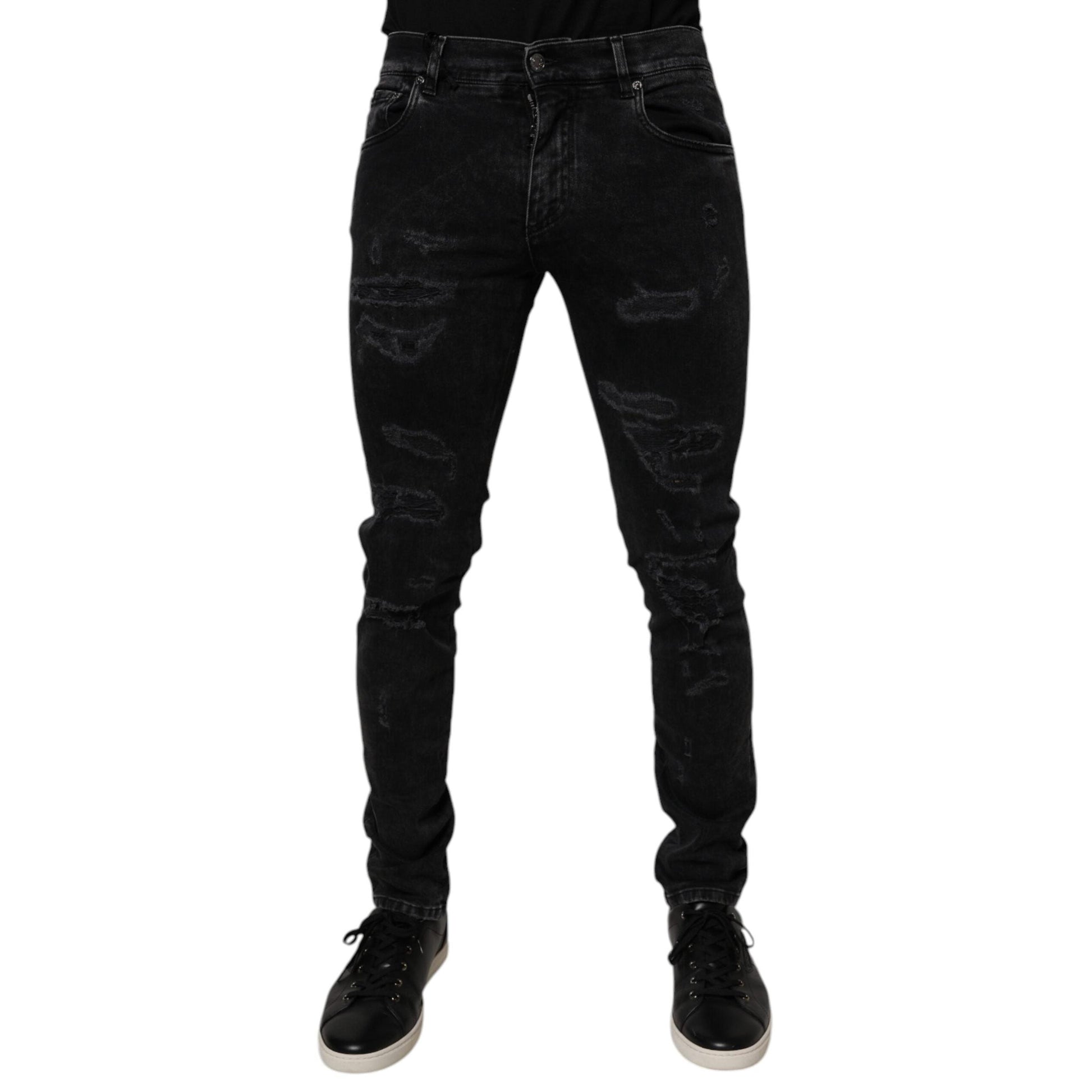 Dolce & Gabbana Black Tattered Cotton Skinny Men Denim Jeans