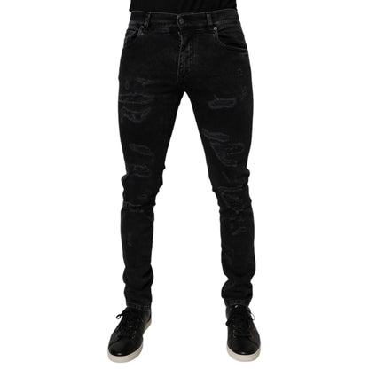 Dolce & Gabbana Black Tattered Cotton Skinny Men Denim Jeans