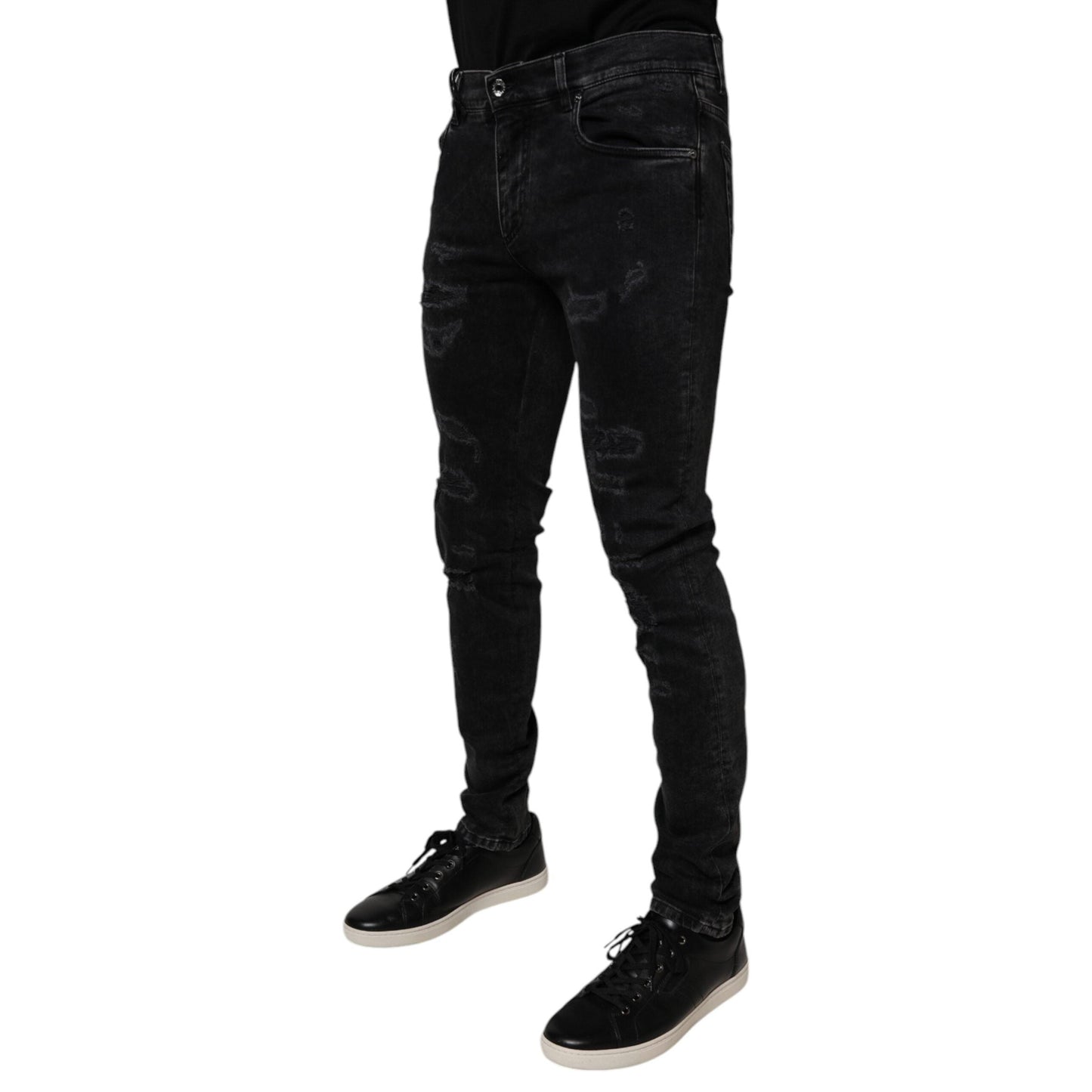 Dolce & Gabbana Black Tattered Cotton Skinny Men Denim Jeans