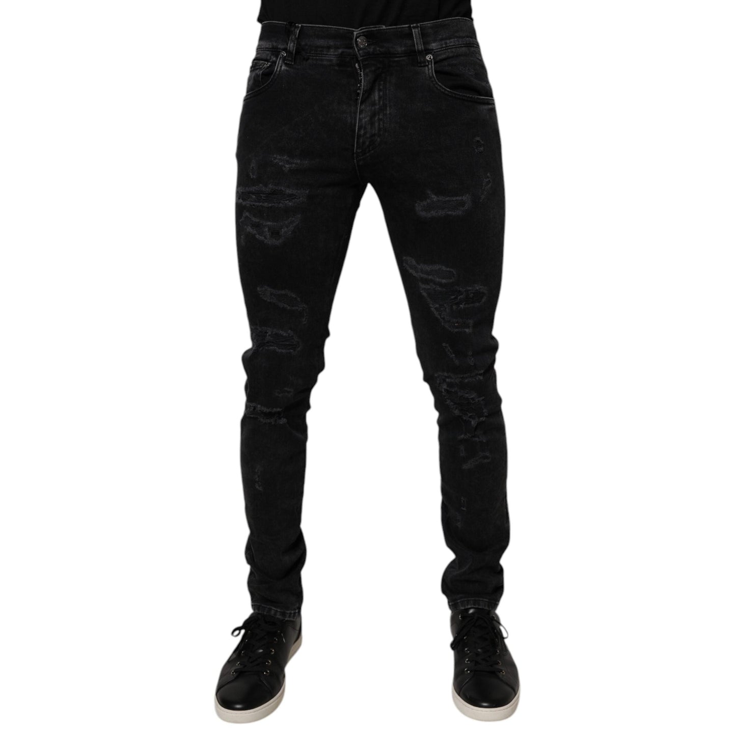 Dolce & Gabbana Black Tattered Cotton Skinny Men Denim Jeans