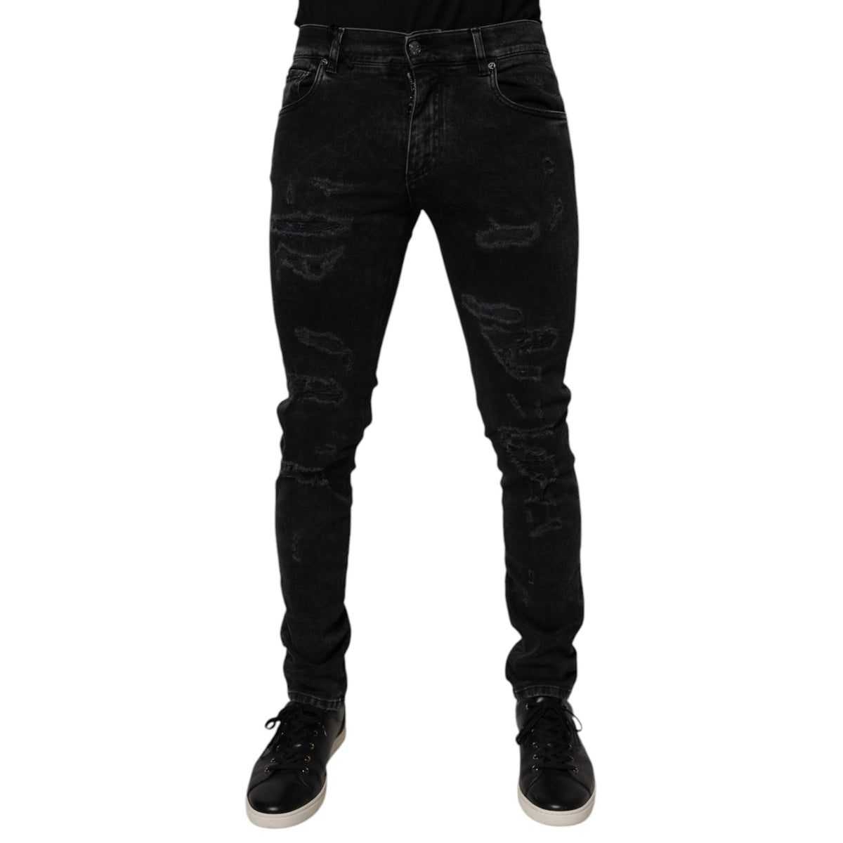 Dolce & Gabbana Black Tattered Cotton Skinny Men Denim Jeans