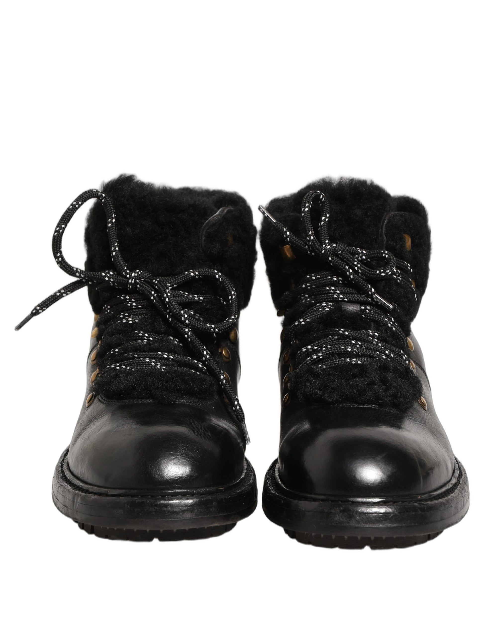 Dolce & Gabbana Black Trekking Fur Lace Leather Boots Shoes