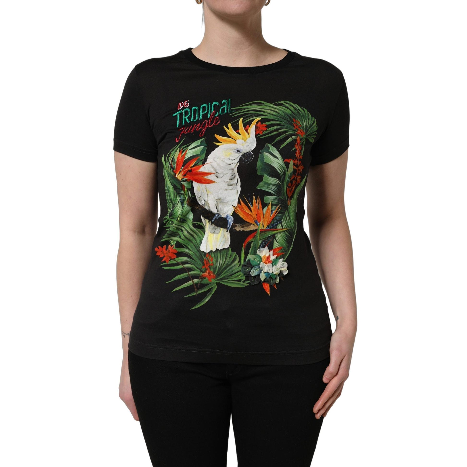 Dolce & Gabbana Black Tropical Print Cotton Round Neck T-Shirt
