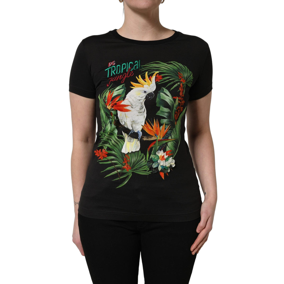 Dolce & Gabbana Black Tropical Print Cotton Round Neck T-Shirt