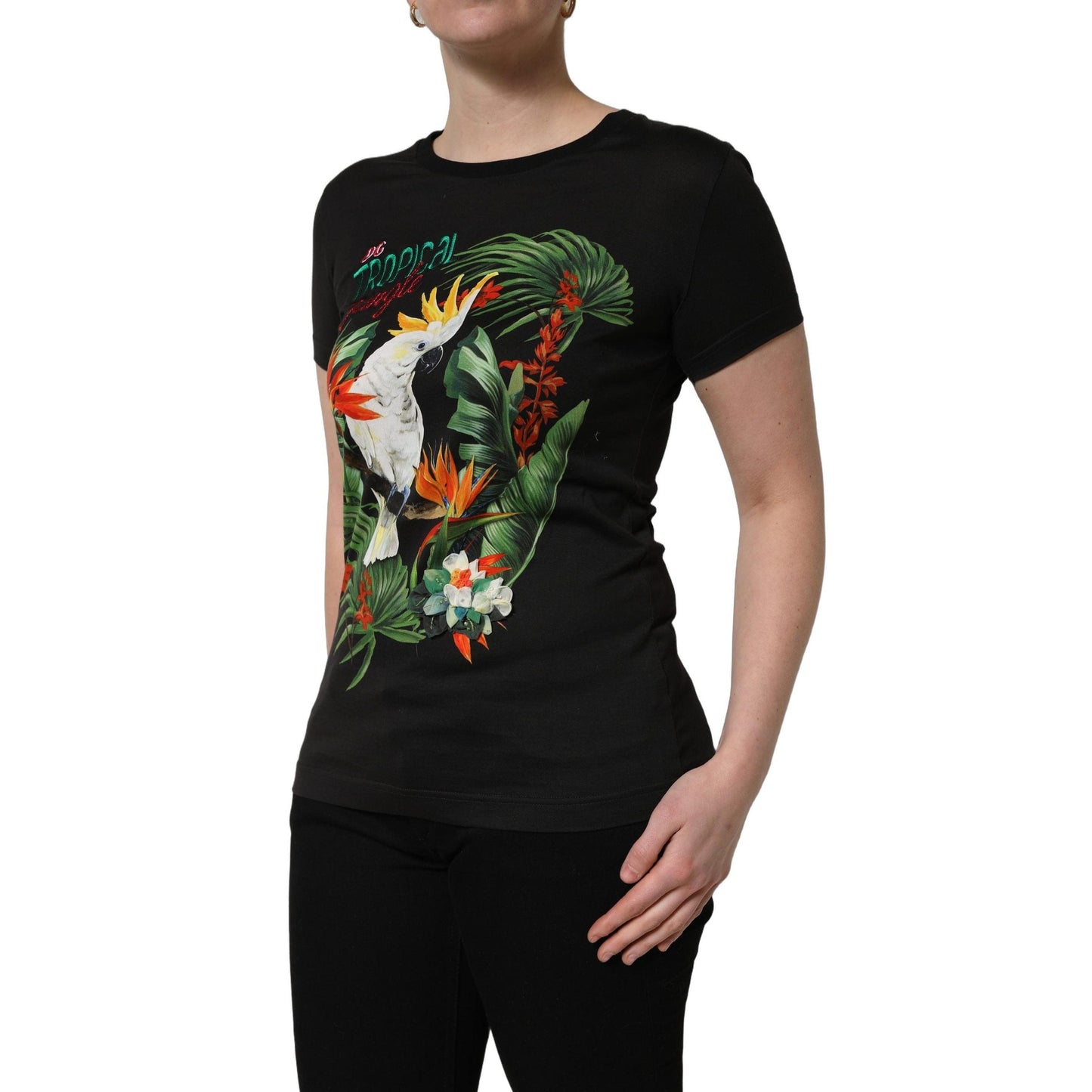 Dolce & Gabbana Black Tropical Print Cotton Round Neck T-Shirt
